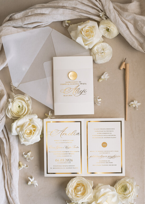 Zaproszenia na Komunię  dziewczynka  Złote Zaproszenia Komunijne Dla Dziewczynki, Zaproszenia Na Pierwszą Komunię ,Złote Zaproszenie Na K 01/sklKal/KomZ