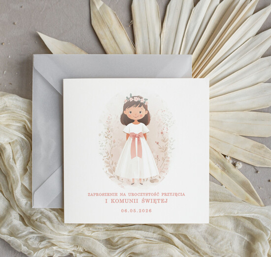 Zaproszenia na Komunię  dziewczynka  delikatne zaproszenia Komunijne Eleganckie zaproszenia komunijne dla dziewczynki, proste zaproszenie 01/KalKw/KomZ