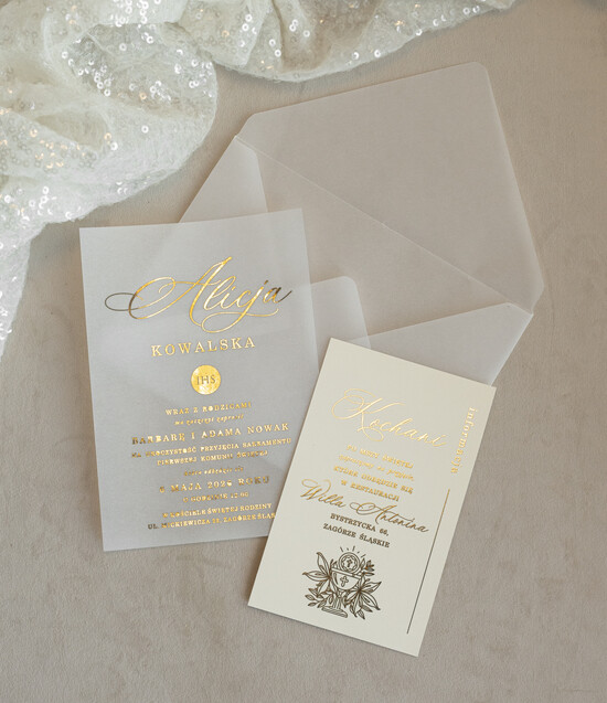 Zaproszenia na Komunię  dziewczynka  proste nowoczesne zaroszenia na komunię, komunijne kalkowe, eleganckie zaproszenia komunijne, zapros 01/kla/KomZ