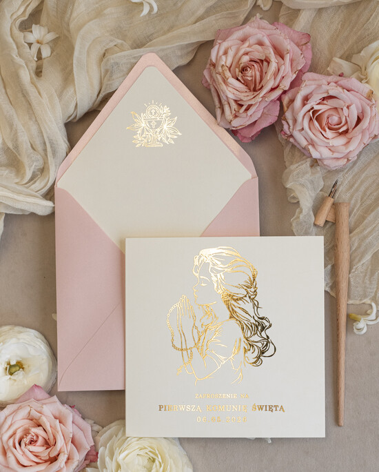Zaproszenia na Komunię  dziewczynka  ręcznie robione zaroszenia komunijne nietypowe zaproszenie na komunie personalizowane zaproszenia Ko 01/sklZł/KomZ