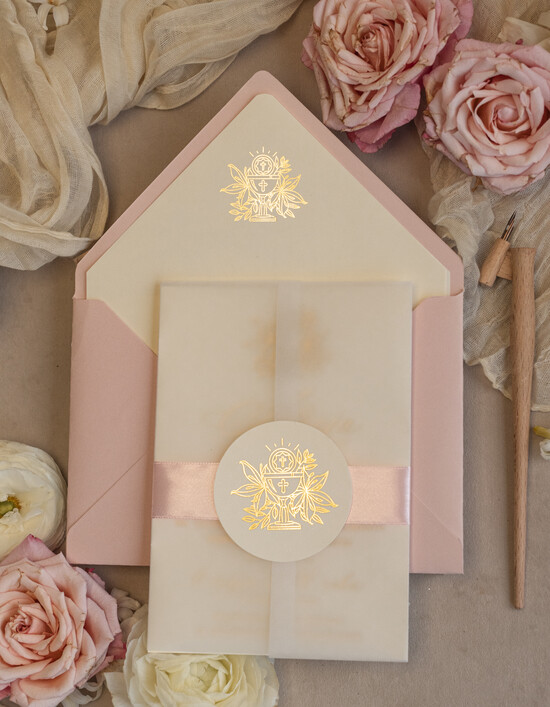 Zaproszenia na Komunię  dziewczynka  różowe delikatne zaproszenie Komunijne, eleganckie zaproszenia na Komunię , Złote Zaproszenia na Kom 01/tagWs/KomZ