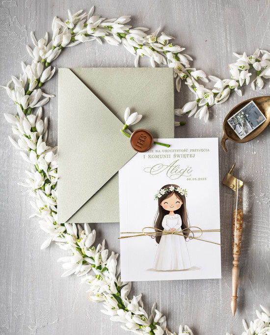 Zaproszenia na Komunię  dziewczynka  personalizowane zaproszenia Komunijne proste zaproszenie na komunię zaproszenia na komunię ze sznurk 02/sklSznDz/KomZ