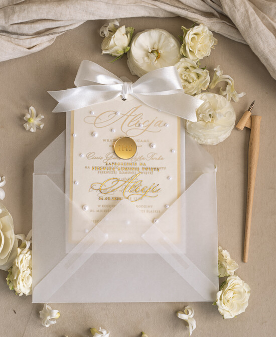 Zaproszenia na Komunię dla Dziewczynki dziewczynka  Perełkowe zaproszenia komunijne dla dziewczynki, zaproszenia na komunię z perełkami, złote zaproszen 01/KszPerWs/Komunia