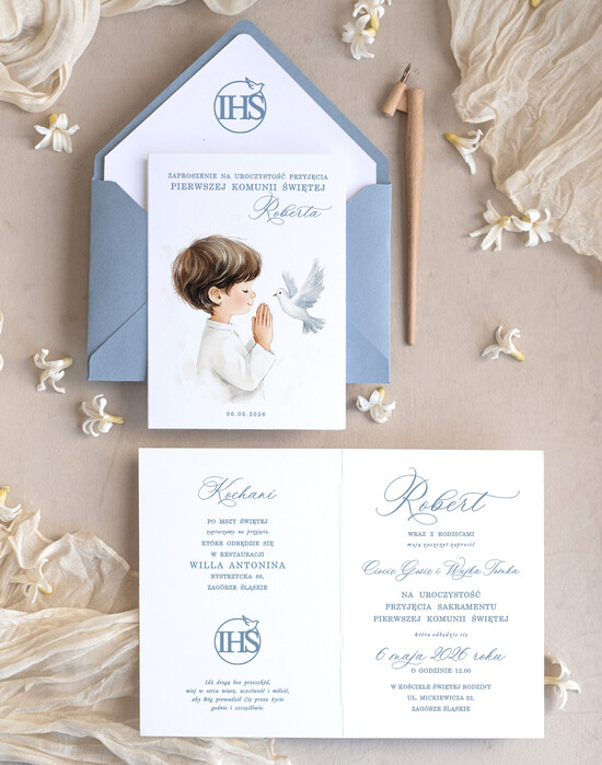Zaproszenia na Komunię dla Chłopca chłopiec personalizowane zaproszenia Komunijne proste zaproszenie na komunię niebieskie zaproszenia na komuni 01/dsklCh/Komunia
