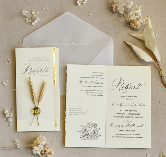 Zaproszenia na Komunię  chłopiec Podłużne złocone zaproszenia na Komunię nowoczesne   Zaproszenia komunijne personalizowane 01/DLrwklos/KomZ
