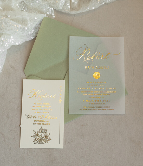 Zaproszenia na Komunię  chłopiec szałwiowe złocone zaproszenia na Komunię Kalkowe Zaproszenia komunijne personalizowane zaproszenia k 01/aklaZŁ/KomZ