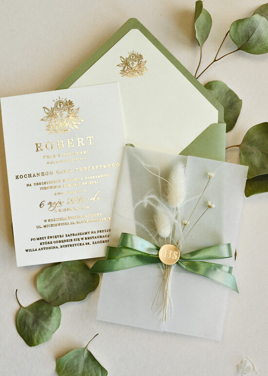 Zaproszenia na Komunię  chłopiec szałwiowe złocone zaproszenia na Komunię nowoczesne  Kalkowe Zaproszenia komunijne personalizowane 01/kalZŁ/KomZ