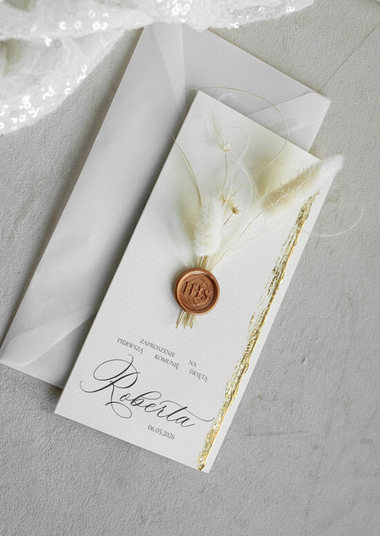 Zaproszenia na Komunię  chłopiec  złocone zaproszenia na Komunię  Kalkowe Zaproszenie komunijne personalizowane 01/reDL/KomZ