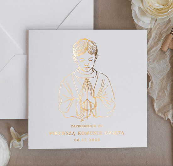 Zaproszenia na Komunię dla Chłopca chłopiec złote lub srebrne ręcznie robione zaroszenia komunijne nietypowe zaproszenie na komunie personalizow 02/sklChZł/Komunia