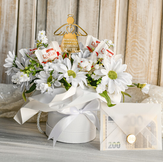 Pamiątki Prezenty na komunię  boxy prezentowe Zestaw Prezentowy od Chrzestnych na Pierwszą komunię, Flowerbox Komunijny opakowanie na pieniądze 03/Fx/FboxKom