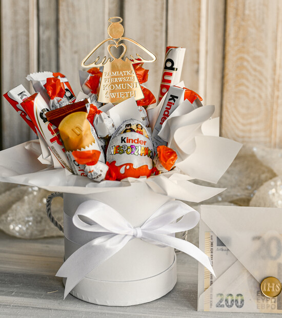 Pamiątki Prezenty na komunię  boxy prezentowe Zestaw Prezentowy od Chrzestnych na Pierwszą komunię Kinderki, Flowerbox Komunijny opakowanie na pie 06/Fx/FboxKom