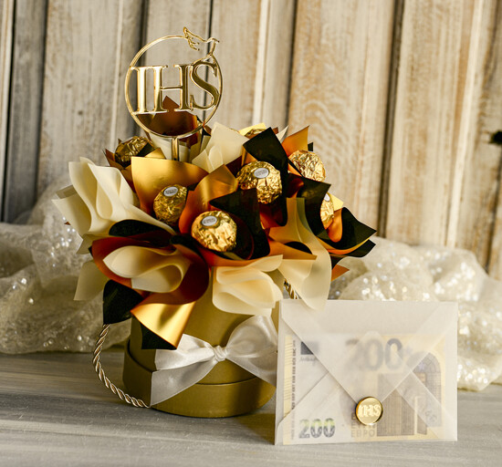 Pamiątki Prezenty na komunię  boxy prezentowe Zestaw Prezentowy od Chrzestnych na Pierwszą komunię, Flowerbox Komunijny opakowanie na pieniądze 05/Fx/FboxKom