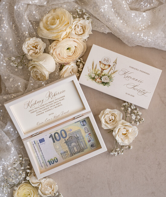 Pamiątki Prezenty na komunię  pamiątki na komunie  białe pudełko pamiątka I Komunii Świętej pudełko na pieniądze na Komunię z życzeniami, pudełeczko na 03/skrzdrew/Komunia