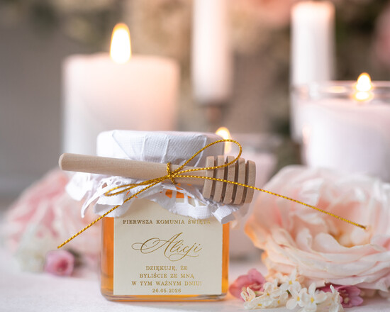Podziękowania dla gości na komunii podziękowania dla gości słoiczek z miodem dla gości komunijnych, miód prezenty dla gości na Komunii, upominki komunijne, Ory 01/miodD/Komunia