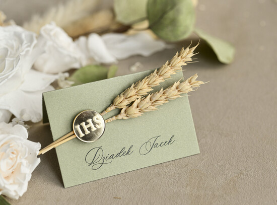 Winietki na komunię  winietki  naturalne winietki na komunię, winietka dekoracja stołu na komunii, komunijne winietki szałwiowe 02/DLrwklos/KomW