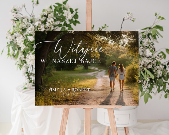 Plany stołów ze zdjęciem Pary Młodej powitanie gości na weselu, tablica powitalna dla gości weselnych, personalizowana tablica powitanie  03/PLzd/PLpp25