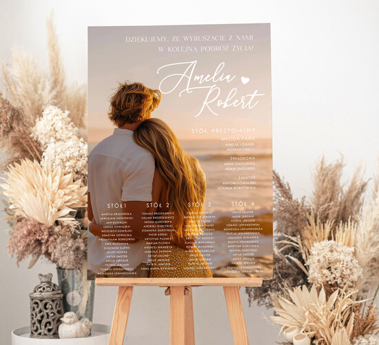 Plany stołów ze zdjęciem Pary Młodej plan stołów weselnych usadzenie gości na weselu, tablica informacyjna dla gości weselnych, plan stoł 10/PLzd/PL25