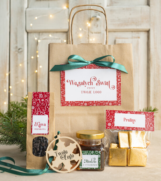 Prezenty oferta dla Firm mini zestawy  upominki świąteczne dla klientów z logo firmy Małe boxy prezentowe zestawy z kawą i herbatą miody  03/ziel-czer/miniTrb