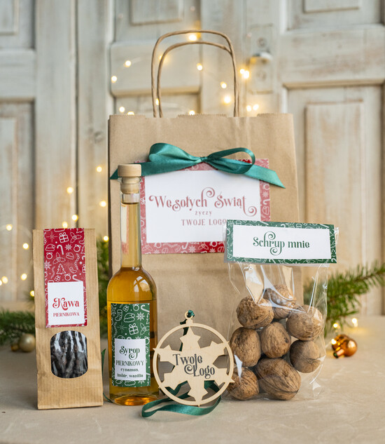 Prezenty oferta dla Firm mini zestawy  upominki świąteczne dla klientów z logo firmy Małe boxy prezentowe zestawy z kawą i herbatą miody  07/ziel-czer/miniTrb