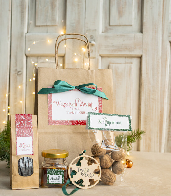 Prezenty oferta dla Firm mini zestawy  upominki świąteczne dla klientów z logo firmy Małe boxy prezentowe zestawy z kawą i herbatą miody  06/ziel-czer/miniTrb