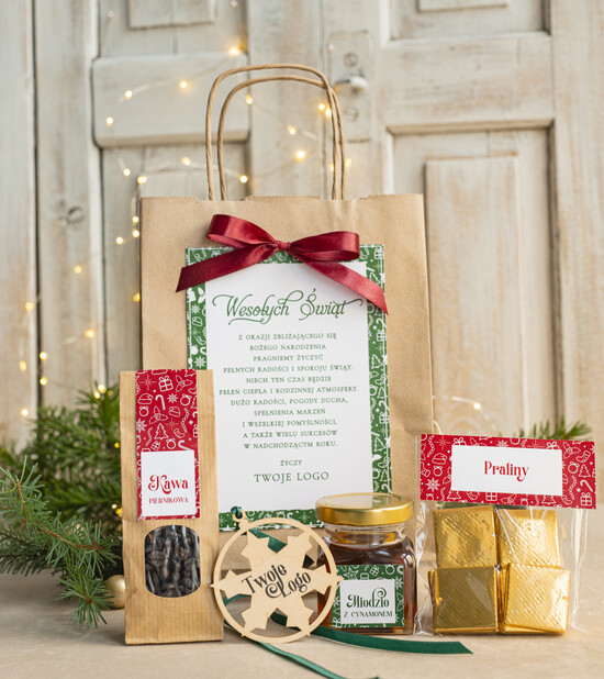 Prezenty oferta dla Firm mini zestawy  upominki świąteczne dla klientów z logo firmy Małe boxy prezentowe zestawy z kawą i herbatą miody  02/ziel-czer/miniTrb
