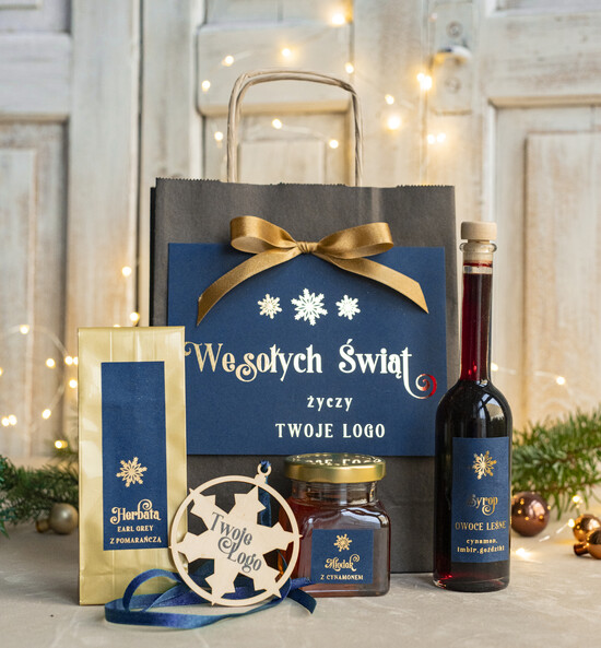 Prezenty oferta dla Firm mini zestawy  upominki świąteczne dla klientów z logo firmy Małe boxy prezentowe zestawy z kawą i herbatą miody  04/cznieb/miniTrb