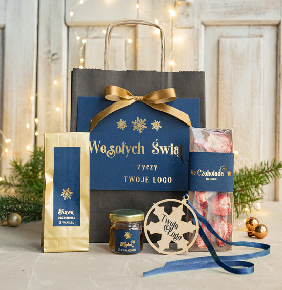 Prezenty oferta dla Firm mini zestawy  upominki świąteczne dla klientów z logo firmy Małe boxy prezentowe zestawy z kawą i herbatą miody  07/cznieb/miniTrb