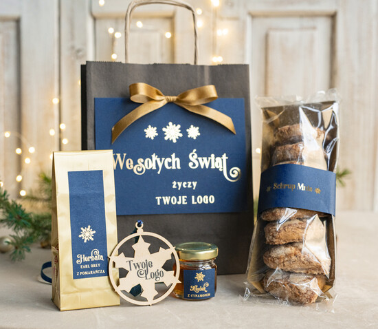 Prezenty oferta dla Firm mini zestawy  upominki świąteczne dla klientów z logo firmy Małe boxy prezentowe zestawy z kawą i herbatą miody  01/cznieb/miniTrb