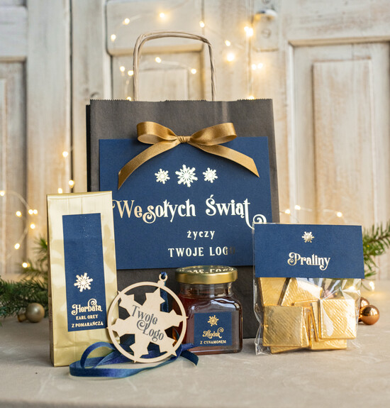 Prezenty oferta dla Firm mini zestawy  upominki świąteczne dla klientów z logo firmy Małe boxy prezentowe zestawy z kawą i herbatą miody  03/cznieb/miniTrb