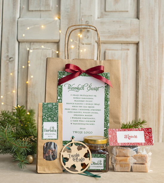 Prezenty oferta dla Firm mini zestawy  upominki świąteczne dla klientów z logo firmy Małe boxy prezentowe zestawy z kawą i herbatą miody  01/ziel-czer/miniTrb