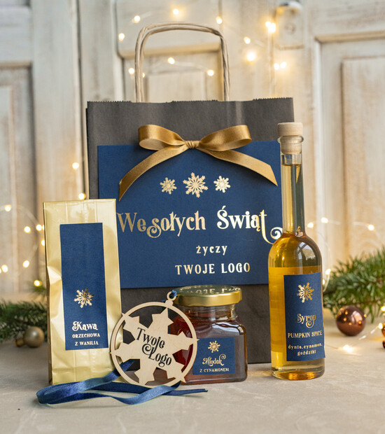 Prezenty oferta dla Firm mini zestawy  upominki świąteczne dla klientów z logo firmy Małe boxy prezentowe zestawy z kawą i herbatą miody  05/cznieb/miniTrb