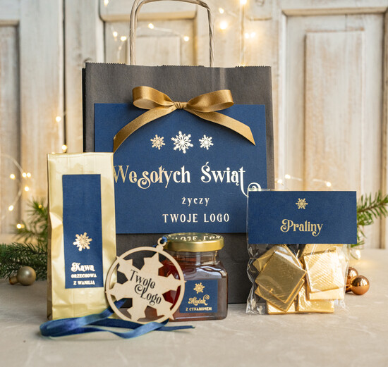Prezenty oferta dla Firm mini zestawy  upominki świąteczne dla klientów z logo firmy Małe boxy prezentowe zestawy z kawą i herbatą miody  06/cznieb/miniTrb