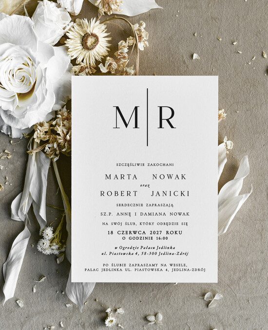 Zaproszenia ślubne tanie Monogram Nowoczesne Zaproszenia Ślubne Czarno Białe, Monochromatyczne Zaproszenia na Ślub  08/Tn/z