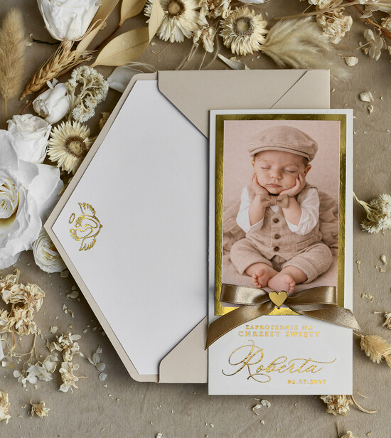 ZAPROSZENIA NA CHRZCINY dla chłopca Złocone zaproszenie na Chrzest, Złote Eleganckie zaproszenie na chrzciny  presonalizowane 01/zprkokDL/ChrzZ