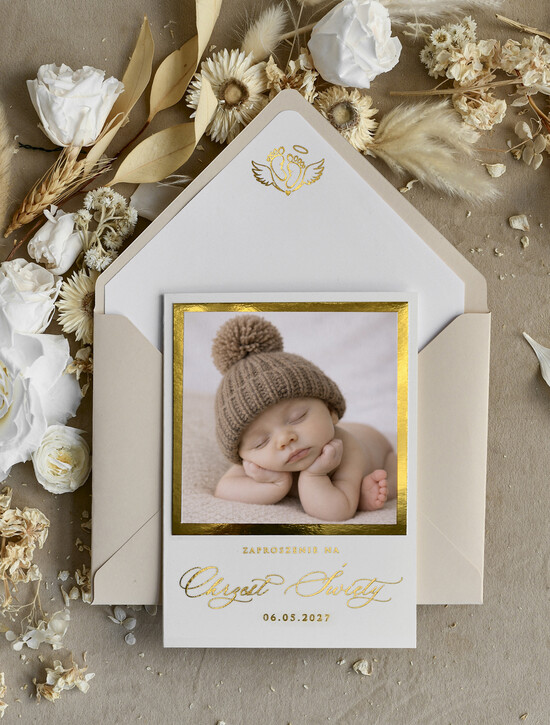 ZAPROSZENIA NA CHRZCINY dla chłopca zaproszenie na Chrzest Złote zaproszenie na chrzciny ze zdjęciem presonalizowane 01/zpr/zChrz