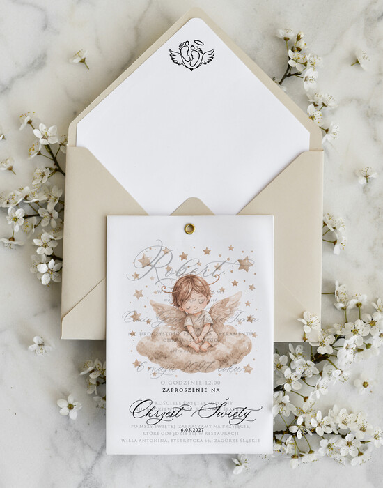 ZAPROSZENIA NA CHRZCINY dla chłopca klasyczne Zaproszenie na Chrzest z kalką, Eleganckie Zaproszenia na Chrzciny  presonalizowane 05/zdjKalk/ChrzZ