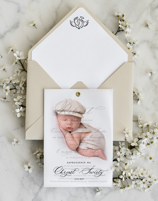 ZAPROSZENIA NA CHRZCINY dla chłopca klasyczne Zaproszenie na Chrzest z kalką, Eleganckie Zaproszenia na Chrzciny  presonalizowane 07/zdjKalk/ChrzZ