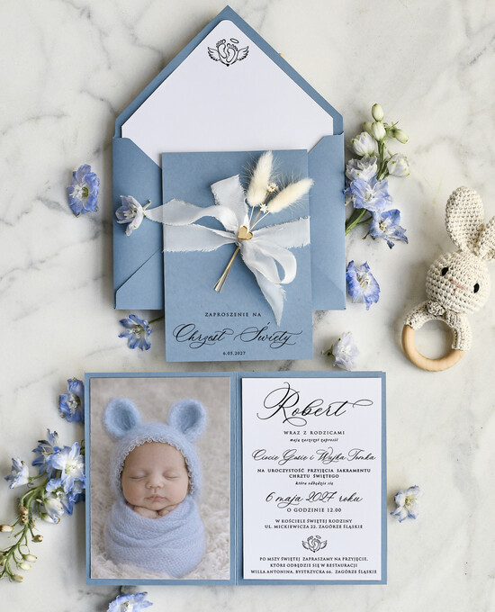 ZAPROSZENIA NA CHRZCINY dla chłopca zaproszenie na Chrzest Niebieskie Klasyczne zaproszenie na chrzciny ze zdjęciem  presonalizowane 01/zprkokdmu/ChrzZ