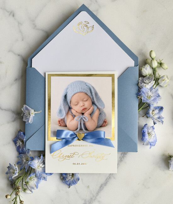ZAPROSZENIA NA CHRZCINY dla chłopca zaproszenie na Chrzest Złote Eleganckie zaproszenie na chrzciny ze zdjęciem  presonalizowane 02/zprkok/ChrzZ