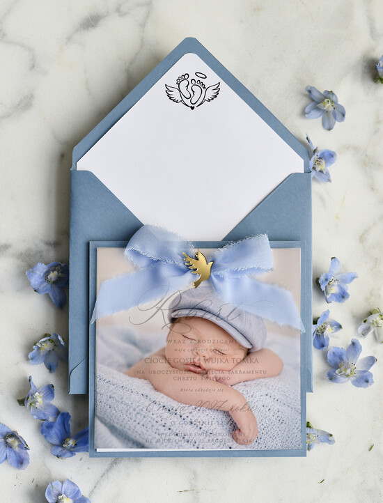ZAPROSZENIA NA CHRZCINY dla chłopca boho deilkatne Zaproszenie na Chrzest z kalką, Eleganckie Zaproszenia na Chrzciny presonalizowane 01/kwzdKalB/ChrzZ