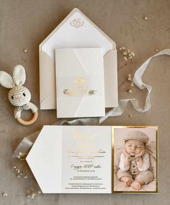 ZAPROSZENIA NA CHRZCINY dla chłopca Boho Złocone Zaproszenie na Chrzest w folderze, Eleganckie Zaproszenia na Chrzciny ze Zdjęciem  01/zprfl/ChrzZ