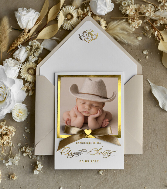 ZAPROSZENIA NA CHRZCINY dla chłopca zaproszenie na Chrzest Złote Eleganckie zaproszenie na chrzciny ze zdjęciem presonalizowane  01/zprkok/ChrzZ