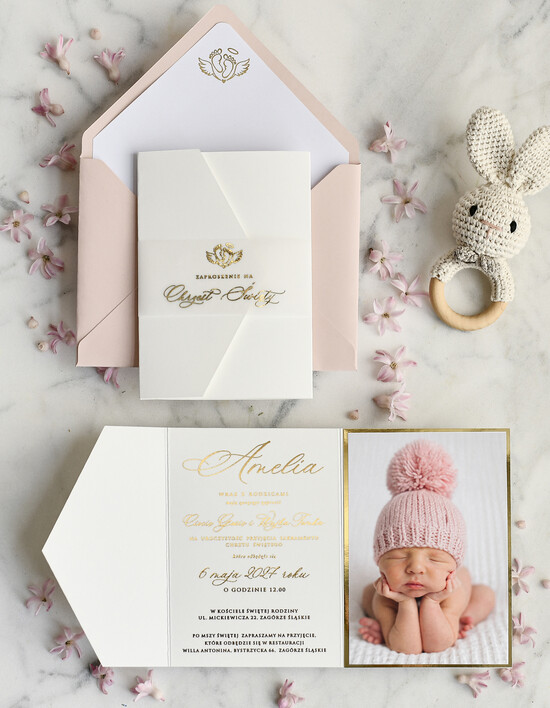ZAPROSZENIA NA CHRZCINY dla dziewczynki  Złocone Zaproszenie na Chrzest, Eleganckie Zaproszenia na Chrzciny ze Zdjęciem  02/zprfl/zChrz