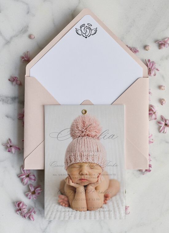 ZAPROSZENIA NA CHRZCINY dla dziewczynki  klasyczne Zaproszenie na Chrzest z kalką, Eleganckie Zaproszenia na Chrzciny ze Zdjęciem  07/zdjKalk/zChrz