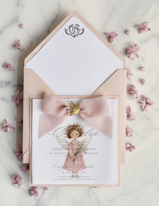 ZAPROSZENIA NA CHRZCINY dla dziewczynki  boho deilkatne Zaproszenie na Chrzest z kalką, Eleganckie Zaproszenia na Chrzciny ze Zdjęciem  02/kwzdjKalkAnioł/zChrz