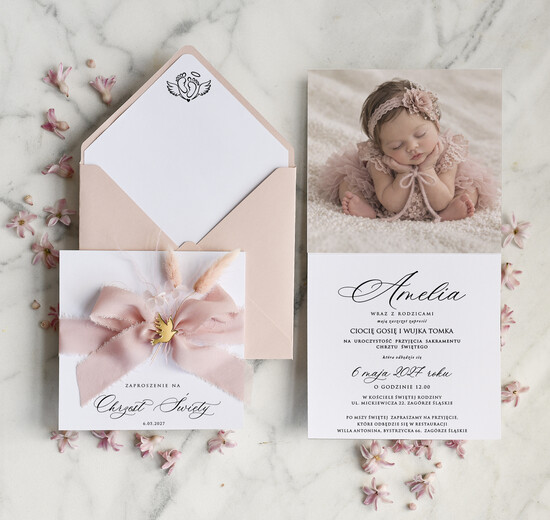 ZAPROSZENIA NA CHRZCINY dla dziewczynki  Boho Kwadratowe Zaproszenie na Chrzest w folderze, Eleganckie Zaproszenia na Chrzciny ze Zdjęciem  01/kwzdjws/zChrz