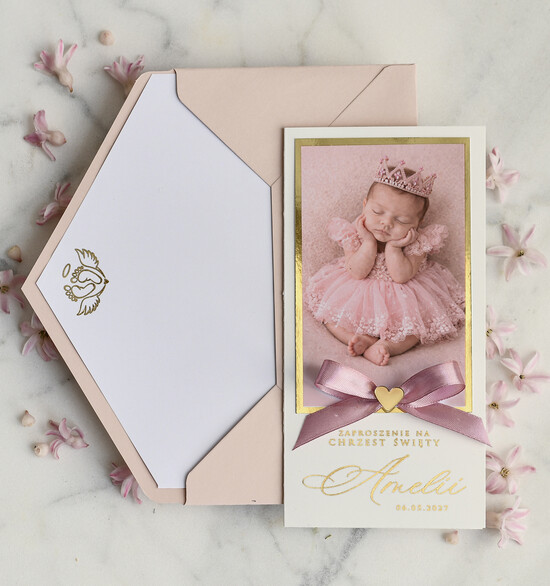 ZAPROSZENIA NA CHRZCINY dla dziewczynki  Złocone Zaproszenie na Chrzest, Eleganckie Zaproszenia na Chrzciny ze Zdjęciem  02/zprkokDL/zChrz