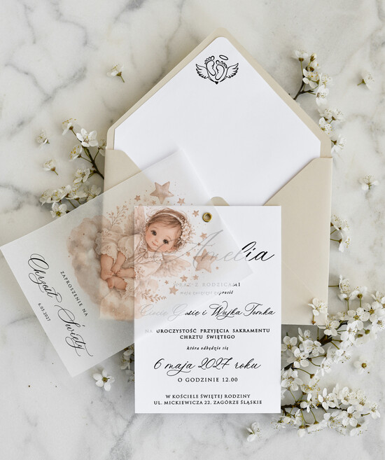 ZAPROSZENIA NA CHRZCINY dla dziewczynki  klasyczne Zaproszenie na Chrzest z kalką, Eleganckie Zaproszenia na Chrzciny ze Zdjęciem  10/zdjKalk/zChrz