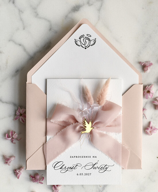 ZAPROSZENIA NA CHRZCINY dla dziewczynki  Boho składne Zaproszenie na Chrzest tłoczone, Eleganckie Zaproszenia na Chrzciny  01/ZwsKop2/ChrzZ