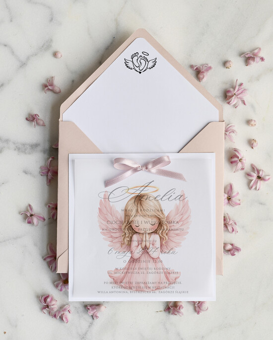 ZAPROSZENIA NA CHRZCINY dla dziewczynki   Różowe Zaproszenie na Chrzest z Aniołkiem, Eleganckie Zaproszenia na Chrzciny ze Zdjęciem  02/kwzdjKalkkok/zChrz